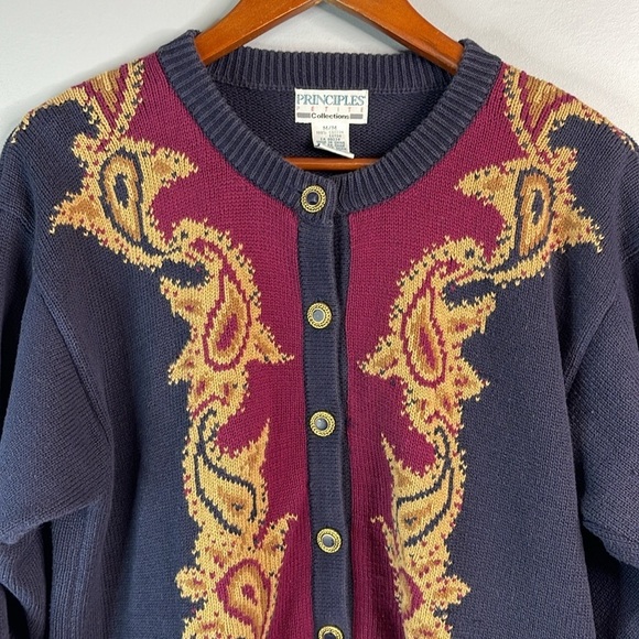 Vintage 90’s Principles Petite Collection Cardigan Navy Taupe Burgundy Paisley M - Picture 3 of 11